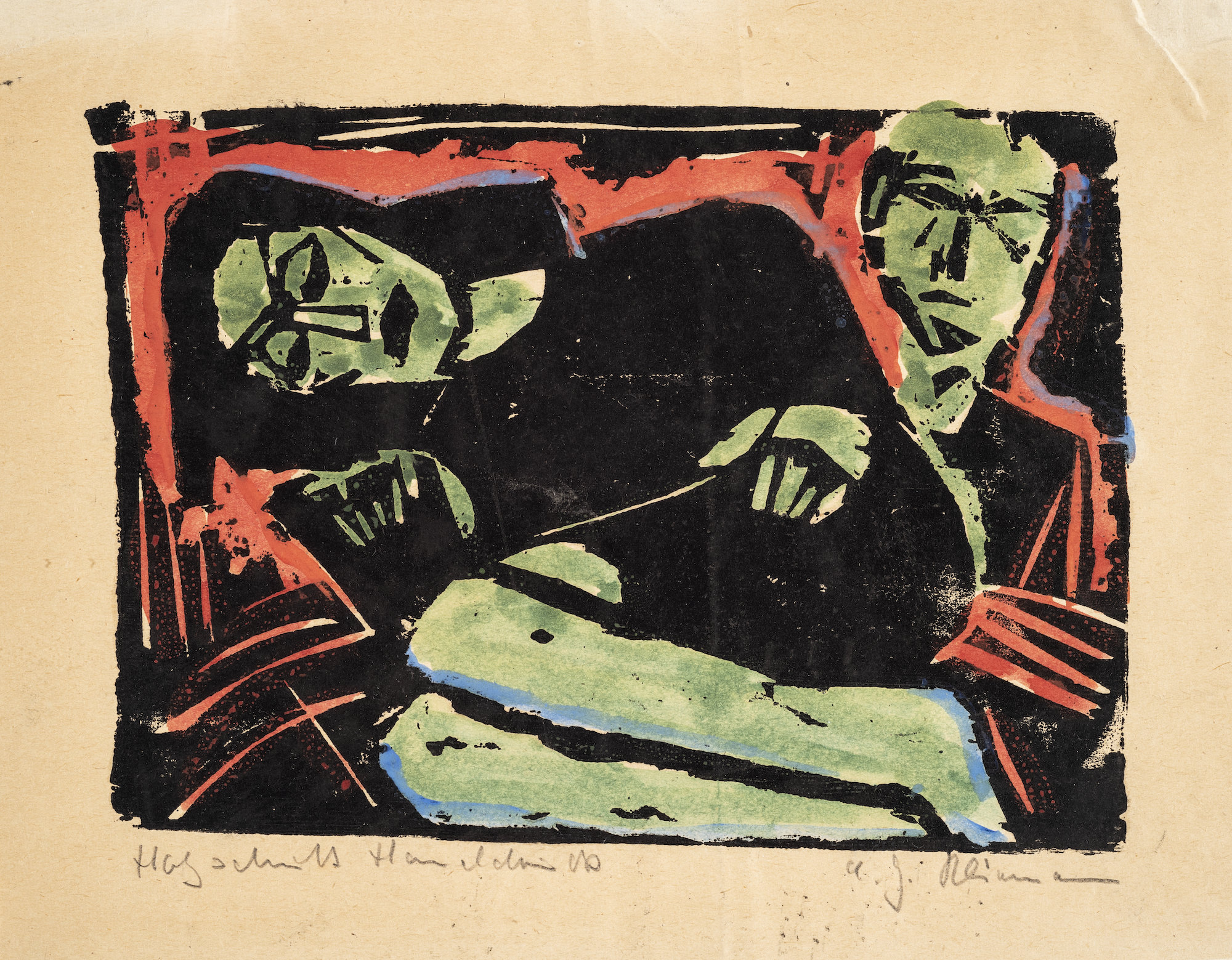 Carl-Heinz Kliemann, Kauernde Frau, 1946, handkolorierter Holzschnitt, 
12,5 x 17,8 cm